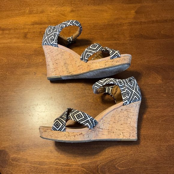 Toms Sienna Aztec strappy wedge corkwood sandals 9.5 black white - Picture 6 of 13